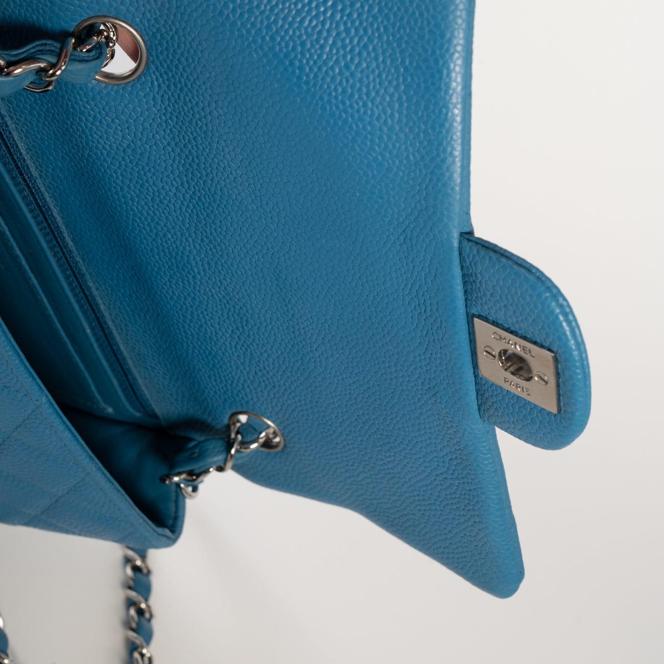 BLUE MINI RECTANGULAR CAVIAR QUILTED SINGLE FLAP SILVER HARDWARE