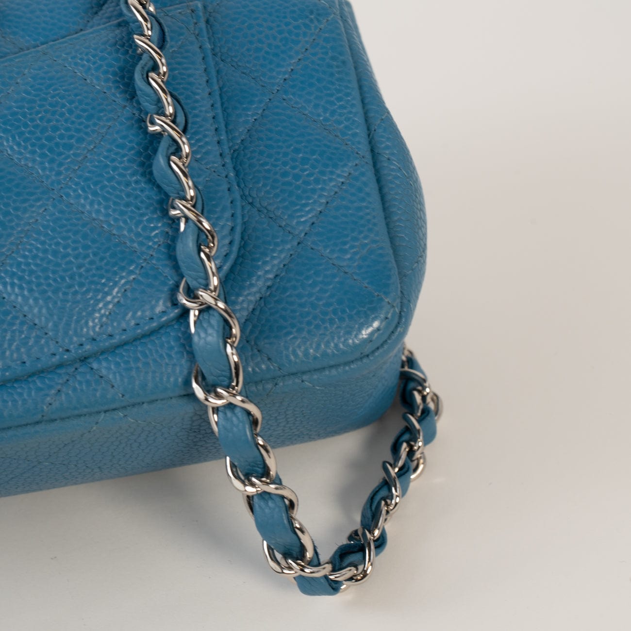BLUE MINI RECTANGULAR CAVIAR QUILTED SINGLE FLAP SILVER HARDWARE