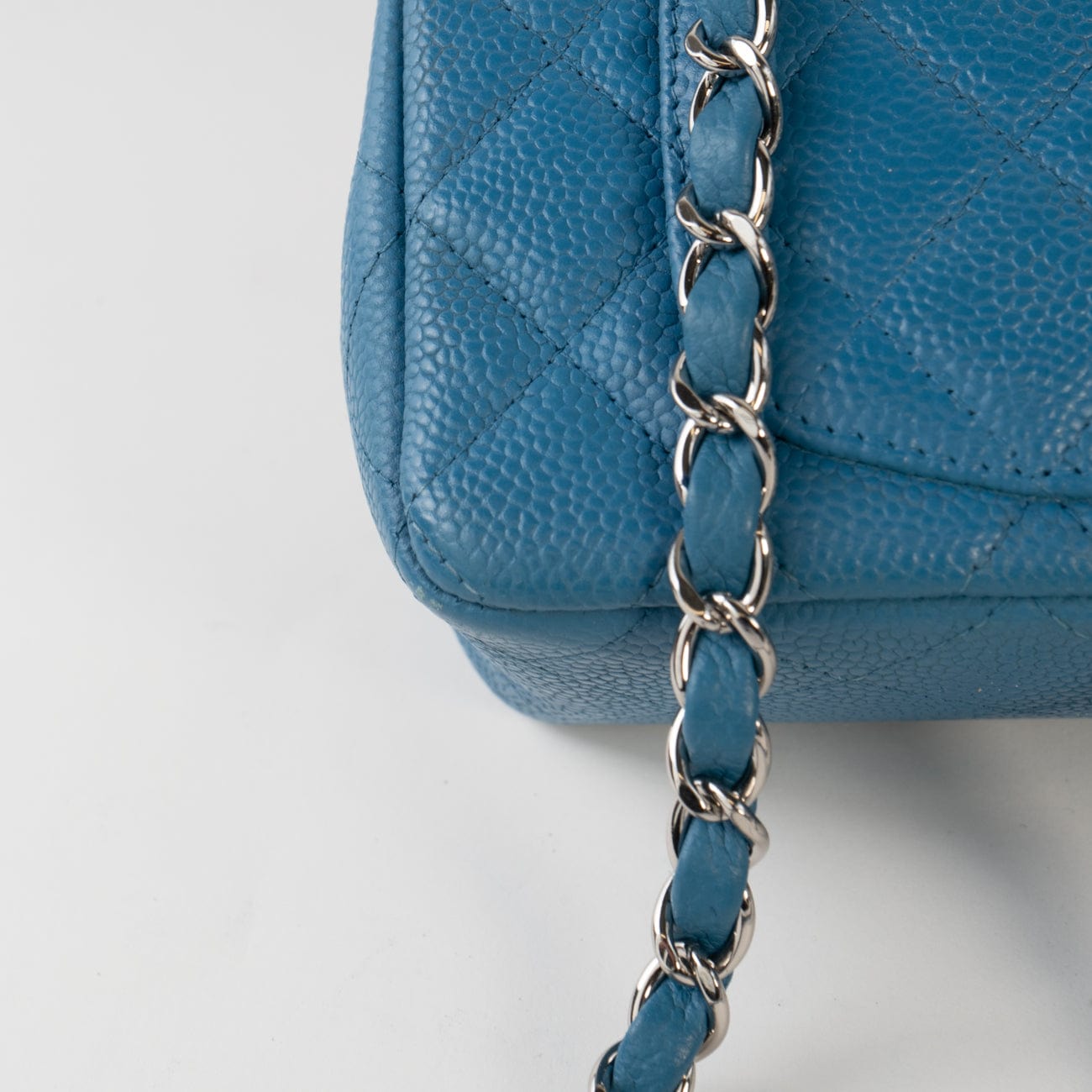 BLUE MINI RECTANGULAR CAVIAR QUILTED SINGLE FLAP SILVER HARDWARE