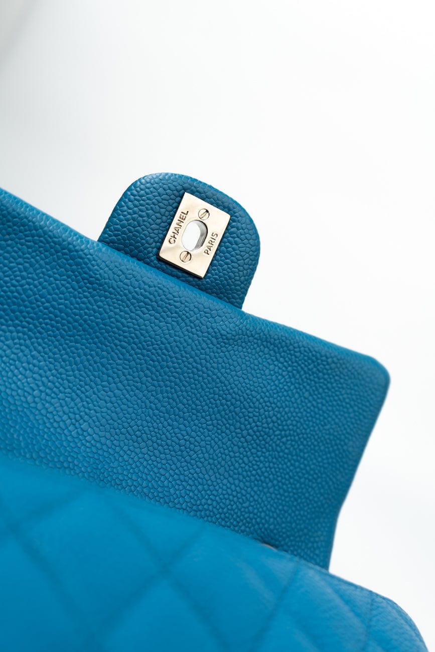 BLUE MINI RECTANGULAR CAVIAR QUILTED SINGLE FLAP SILVER HARDWARE