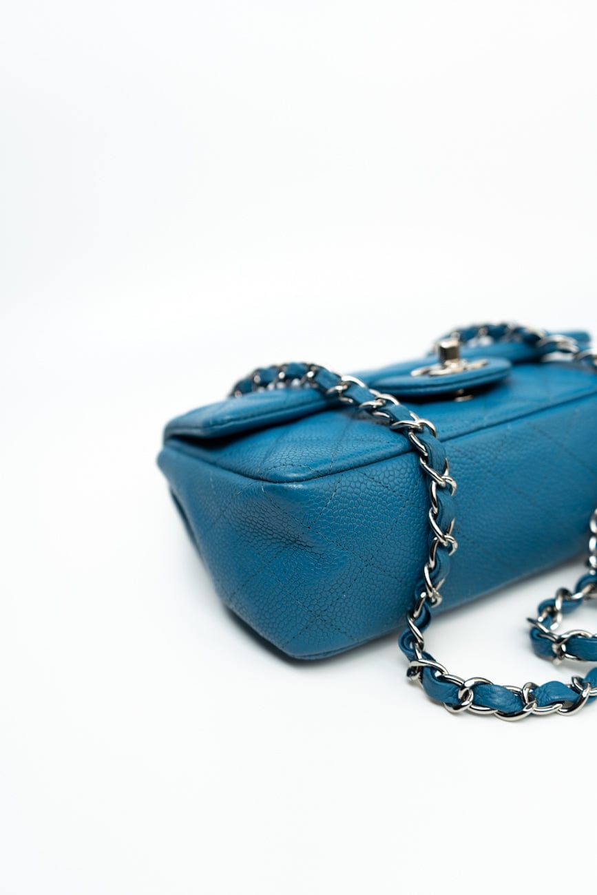 BLUE MINI RECTANGULAR CAVIAR QUILTED SINGLE FLAP SILVER HARDWARE