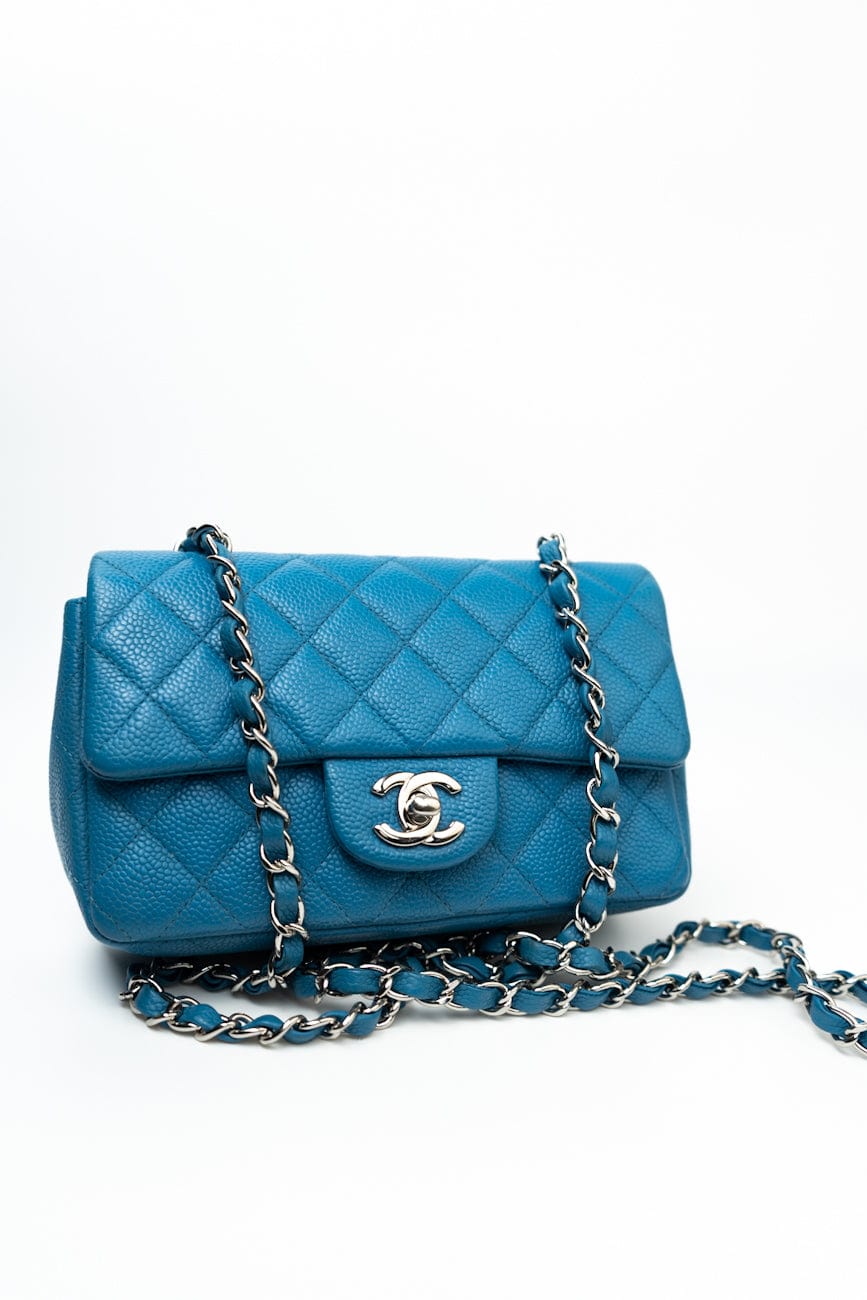 BLUE MINI RECTANGULAR CAVIAR QUILTED SINGLE FLAP SILVER HARDWARE