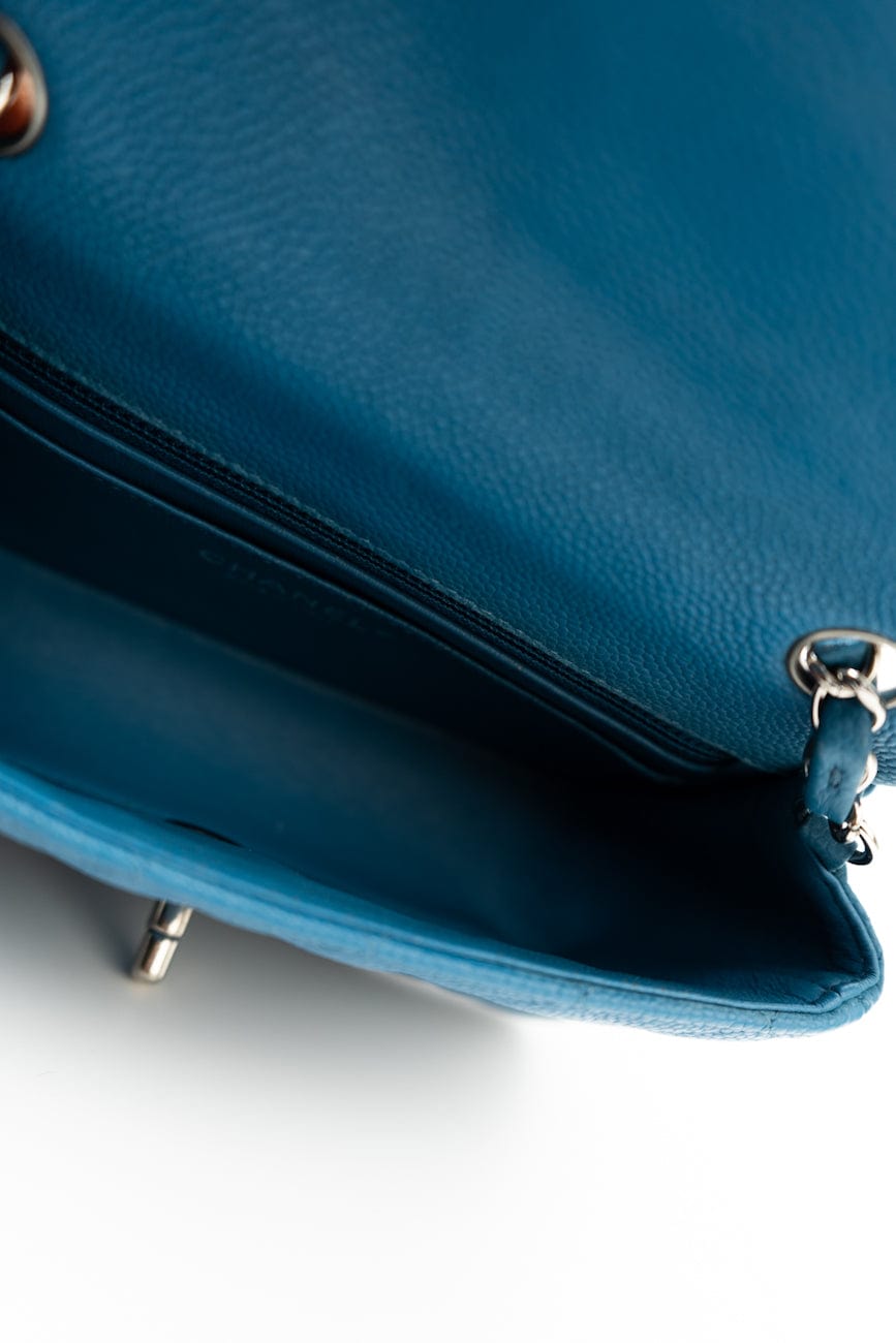 BLUE MINI RECTANGULAR CAVIAR QUILTED SINGLE FLAP SILVER HARDWARE