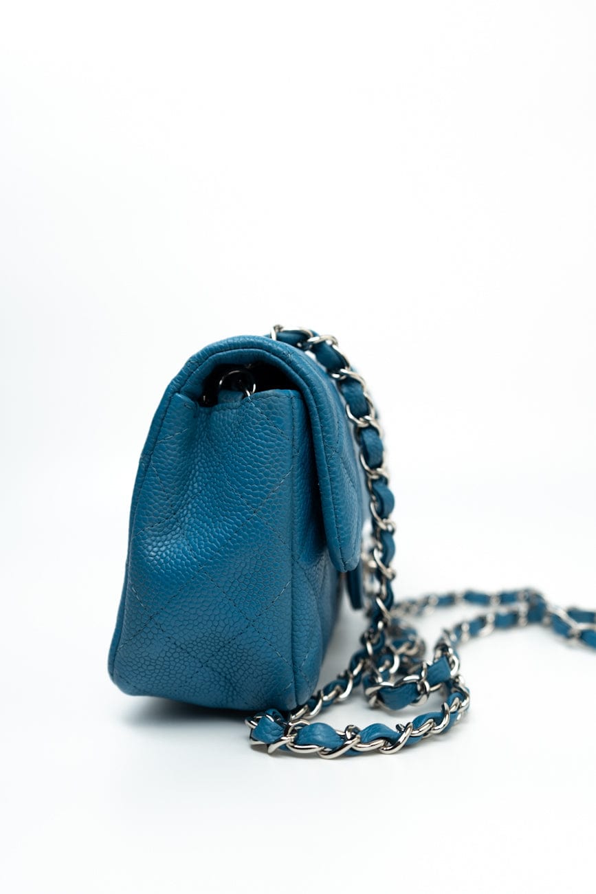 BLUE MINI RECTANGULAR CAVIAR QUILTED SINGLE FLAP SILVER HARDWARE