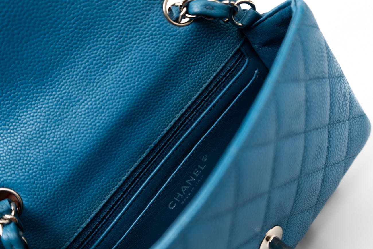 BLUE MINI RECTANGULAR CAVIAR QUILTED SINGLE FLAP SILVER HARDWARE