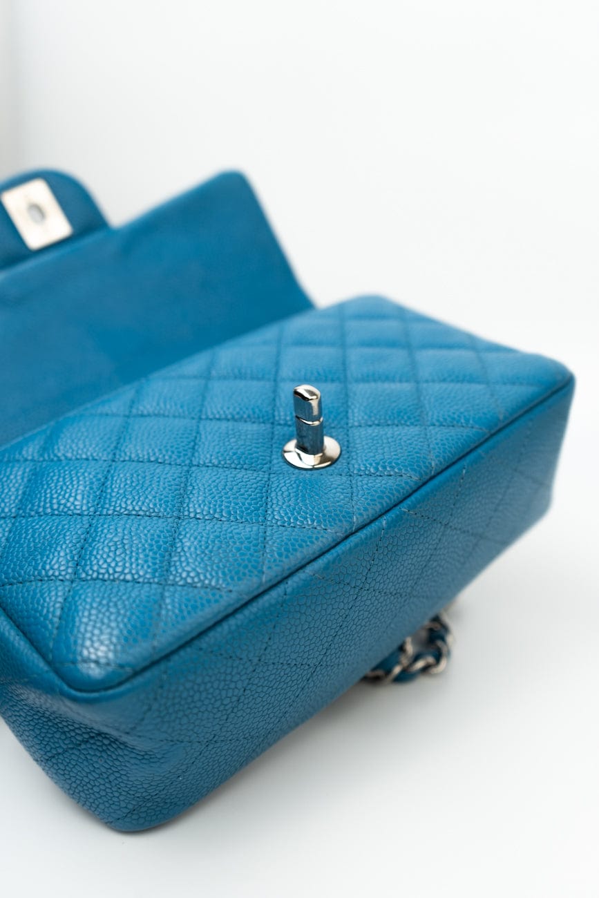 BLUE MINI RECTANGULAR CAVIAR QUILTED SINGLE FLAP SILVER HARDWARE