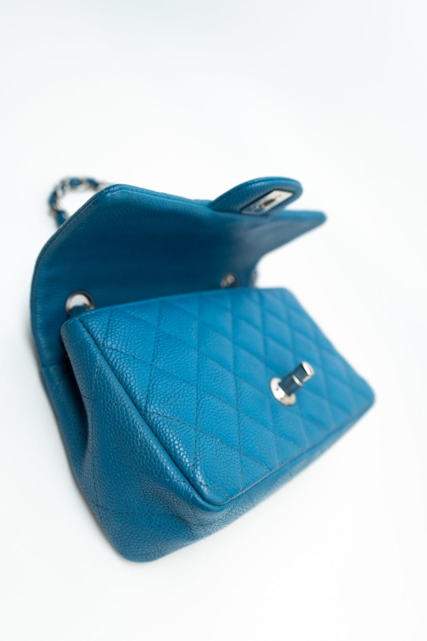 BLUE MINI RECTANGULAR CAVIAR QUILTED SINGLE FLAP SILVER HARDWARE