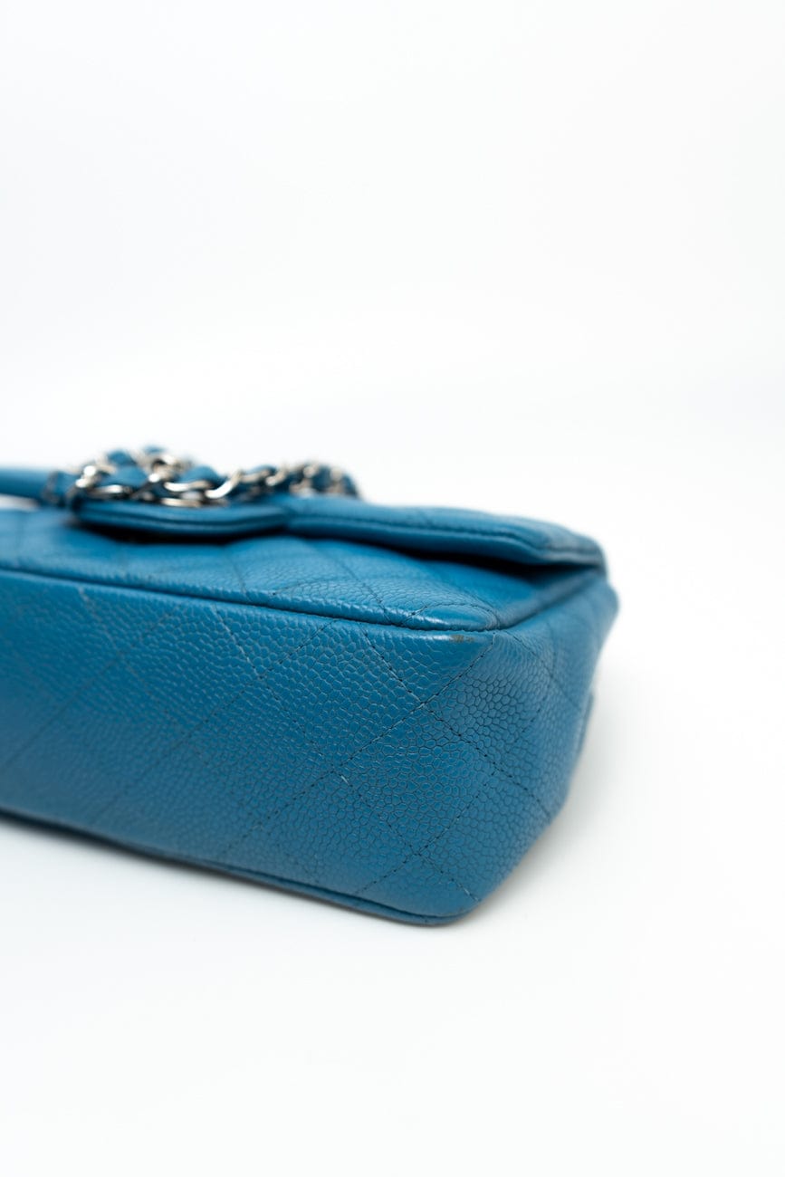 BLUE MINI RECTANGULAR CAVIAR QUILTED SINGLE FLAP SILVER HARDWARE