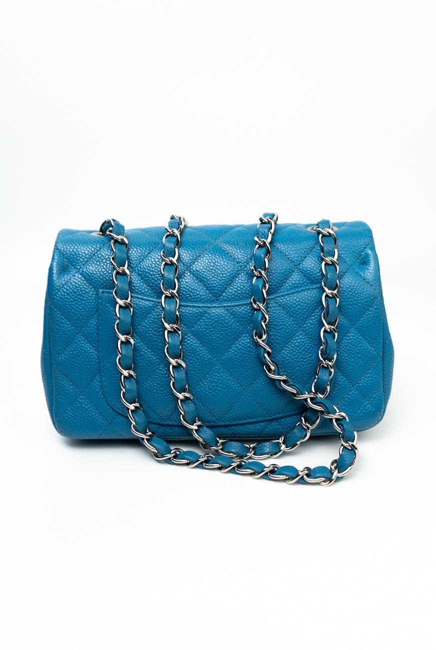 BLUE MINI RECTANGULAR CAVIAR QUILTED SINGLE FLAP SILVER HARDWARE