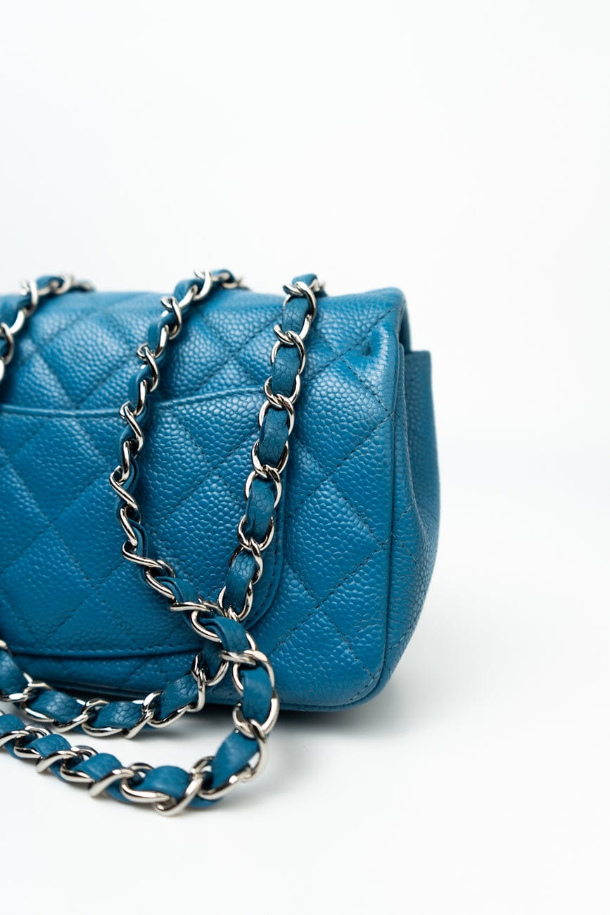 BLUE MINI RECTANGULAR CAVIAR QUILTED SINGLE FLAP SILVER HARDWARE