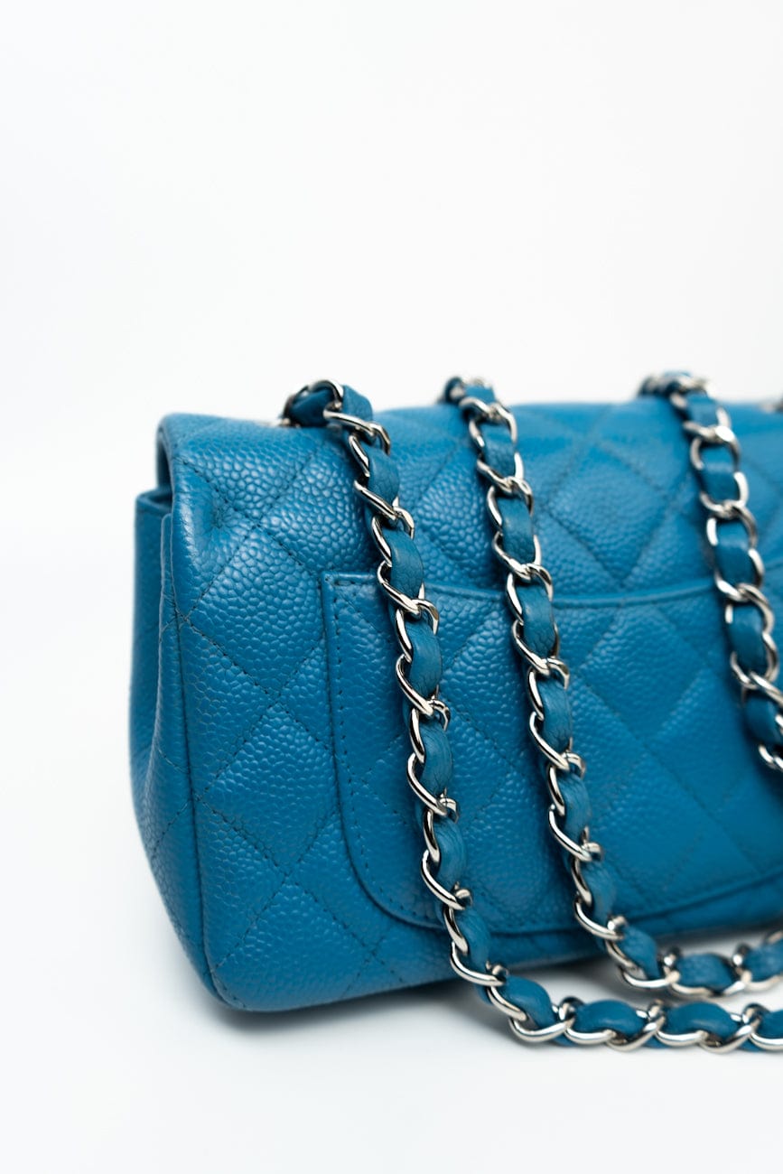 BLUE MINI RECTANGULAR CAVIAR QUILTED SINGLE FLAP SILVER HARDWARE