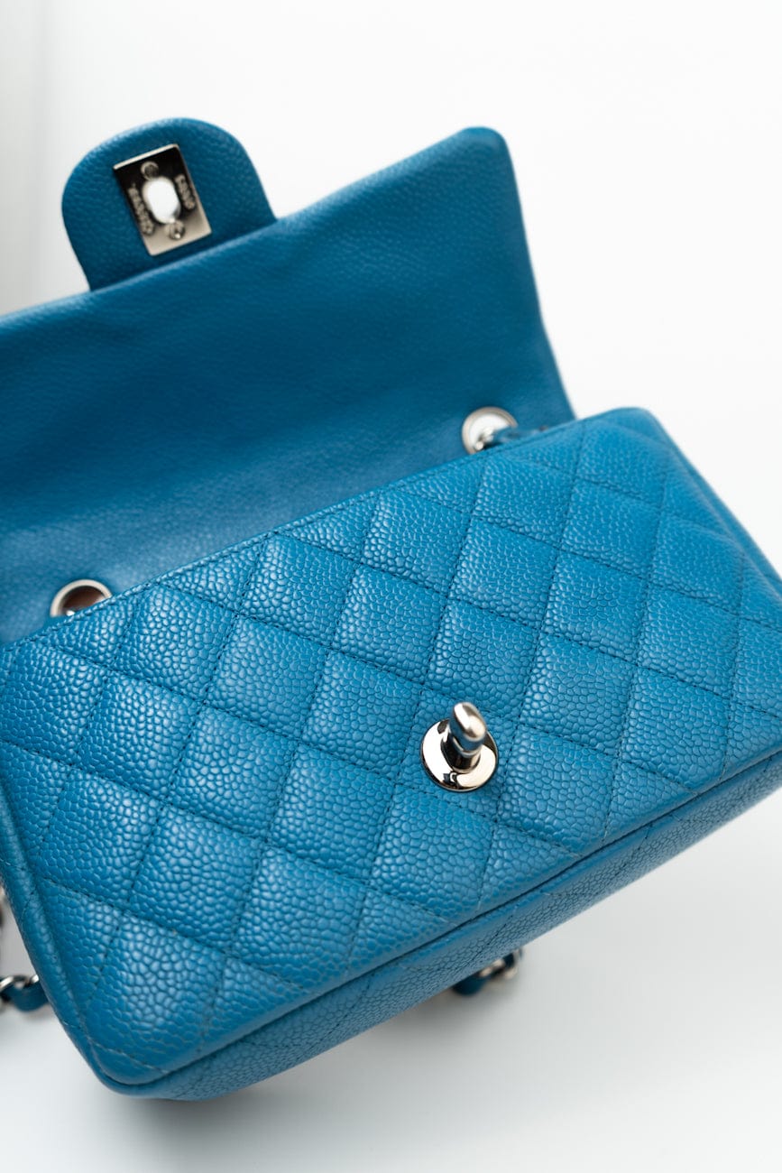 BLUE MINI RECTANGULAR CAVIAR QUILTED SINGLE FLAP SILVER HARDWARE