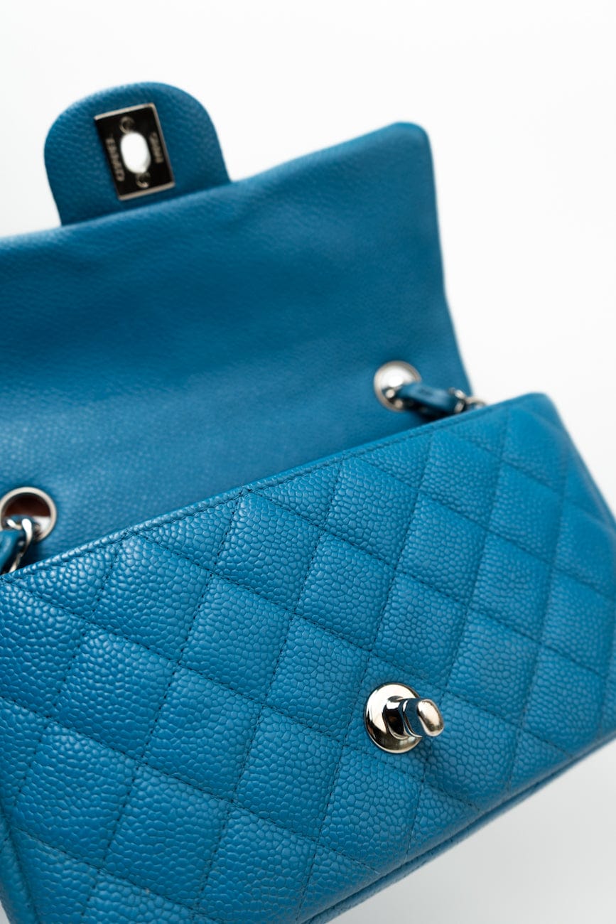 BLUE MINI RECTANGULAR CAVIAR QUILTED SINGLE FLAP SILVER HARDWARE