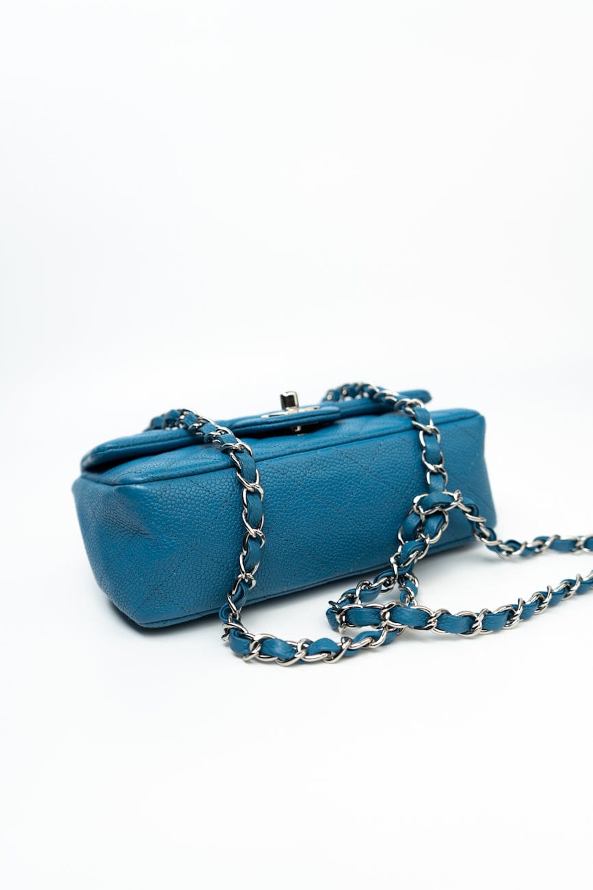 BLUE MINI RECTANGULAR CAVIAR QUILTED SINGLE FLAP SILVER HARDWARE