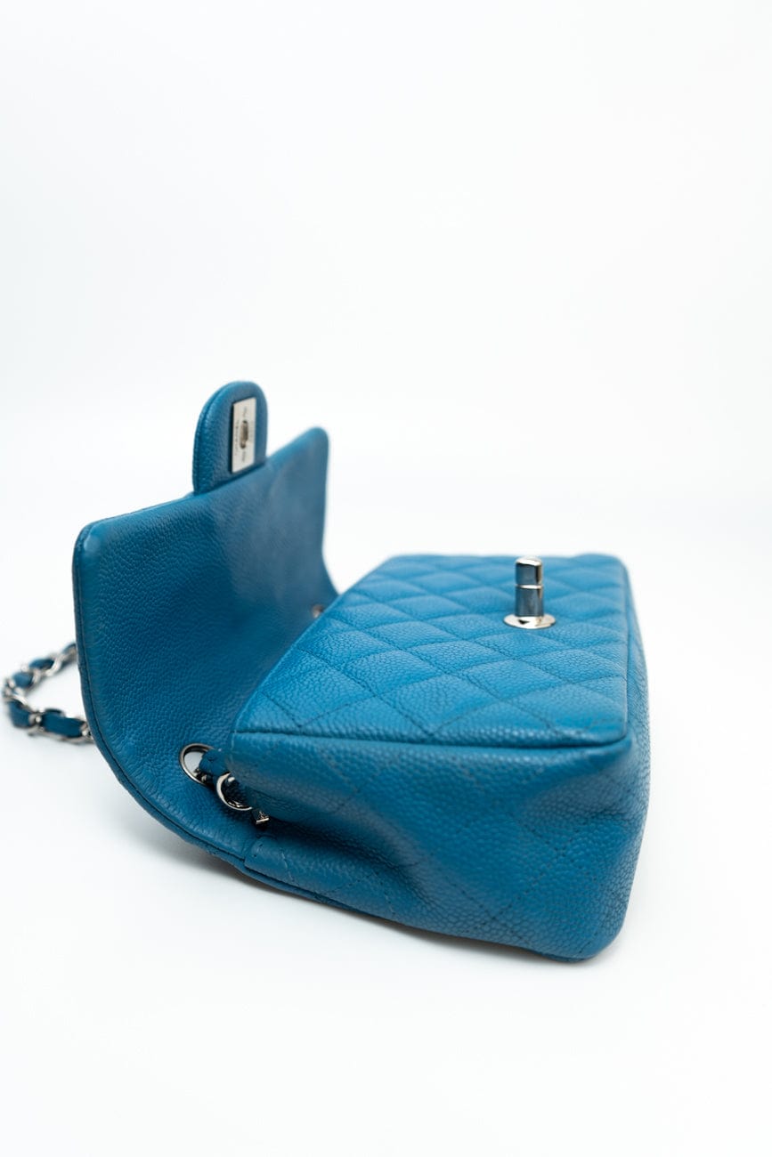 BLUE MINI RECTANGULAR CAVIAR QUILTED SINGLE FLAP SILVER HARDWARE
