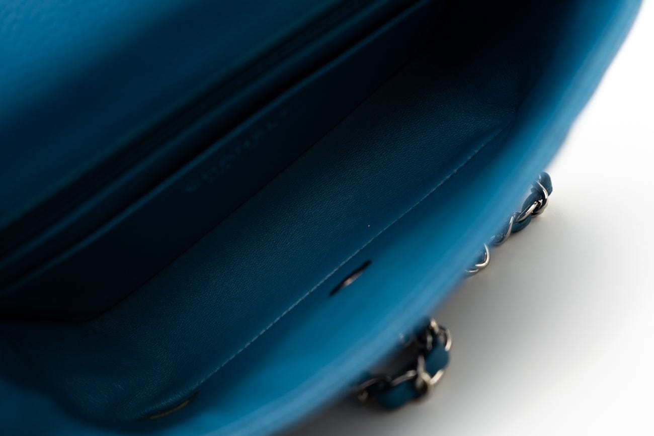 BLUE MINI RECTANGULAR CAVIAR QUILTED SINGLE FLAP SILVER HARDWARE