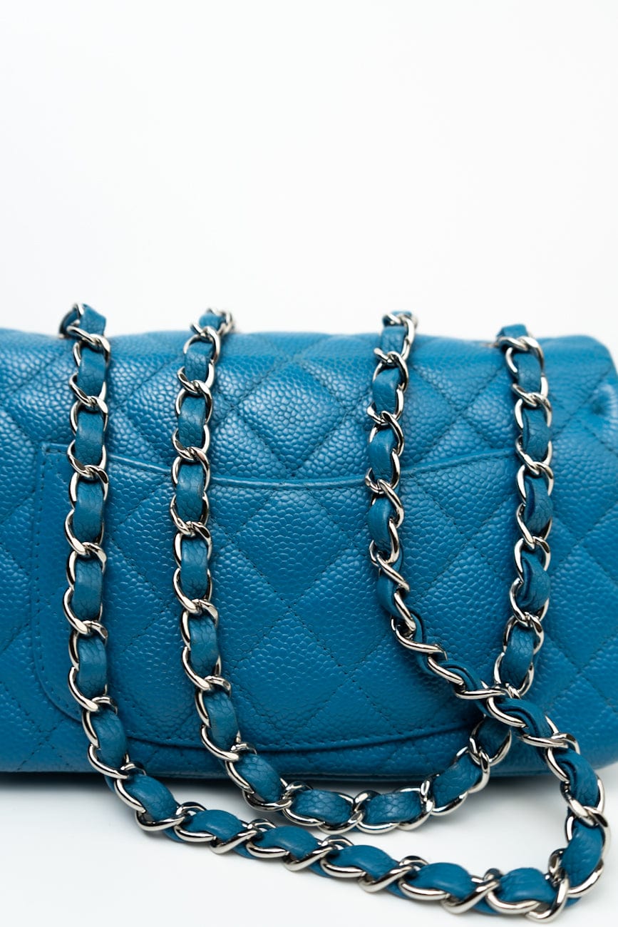 BLUE MINI RECTANGULAR CAVIAR QUILTED SINGLE FLAP SILVER HARDWARE