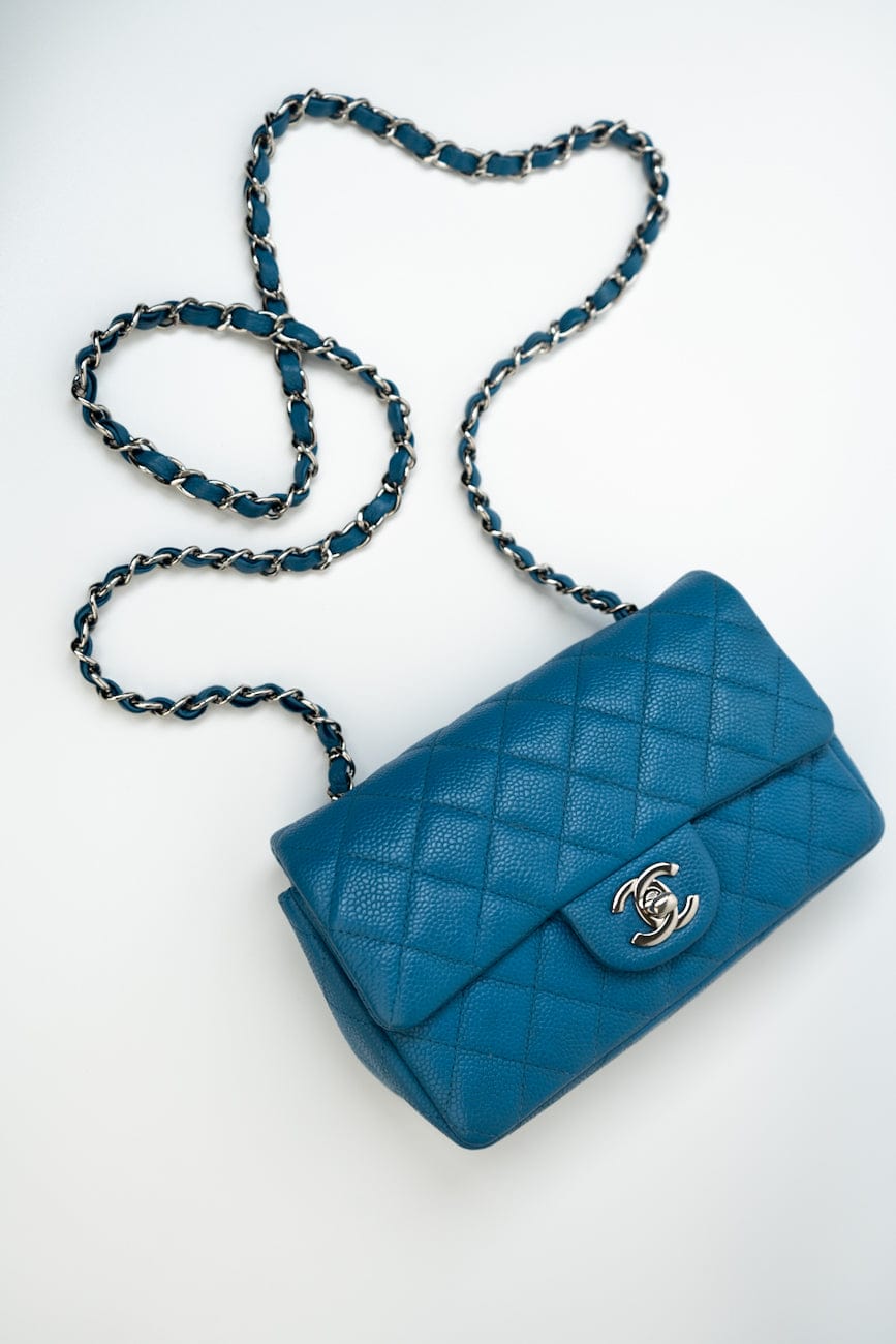 BLUE MINI RECTANGULAR CAVIAR QUILTED SINGLE FLAP SILVER HARDWARE