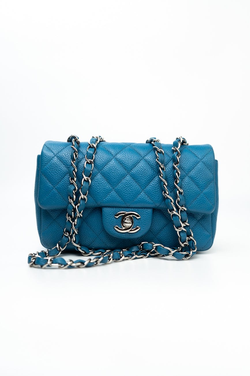 BLUE MINI RECTANGULAR CAVIAR QUILTED SINGLE FLAP SILVER HARDWARE