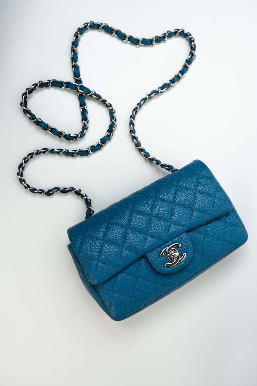 BLUE MINI RECTANGULAR CAVIAR QUILTED SINGLE FLAP SILVER HARDWARE