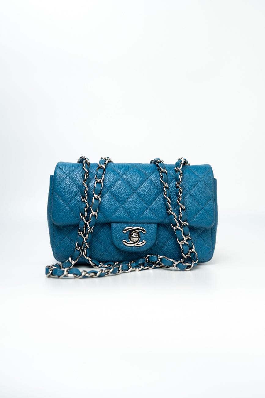 BLUE MINI RECTANGULAR CAVIAR QUILTED SINGLE FLAP SILVER HARDWARE