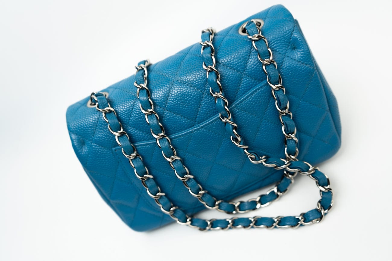 BLUE MINI RECTANGULAR CAVIAR QUILTED SINGLE FLAP SILVER HARDWARE