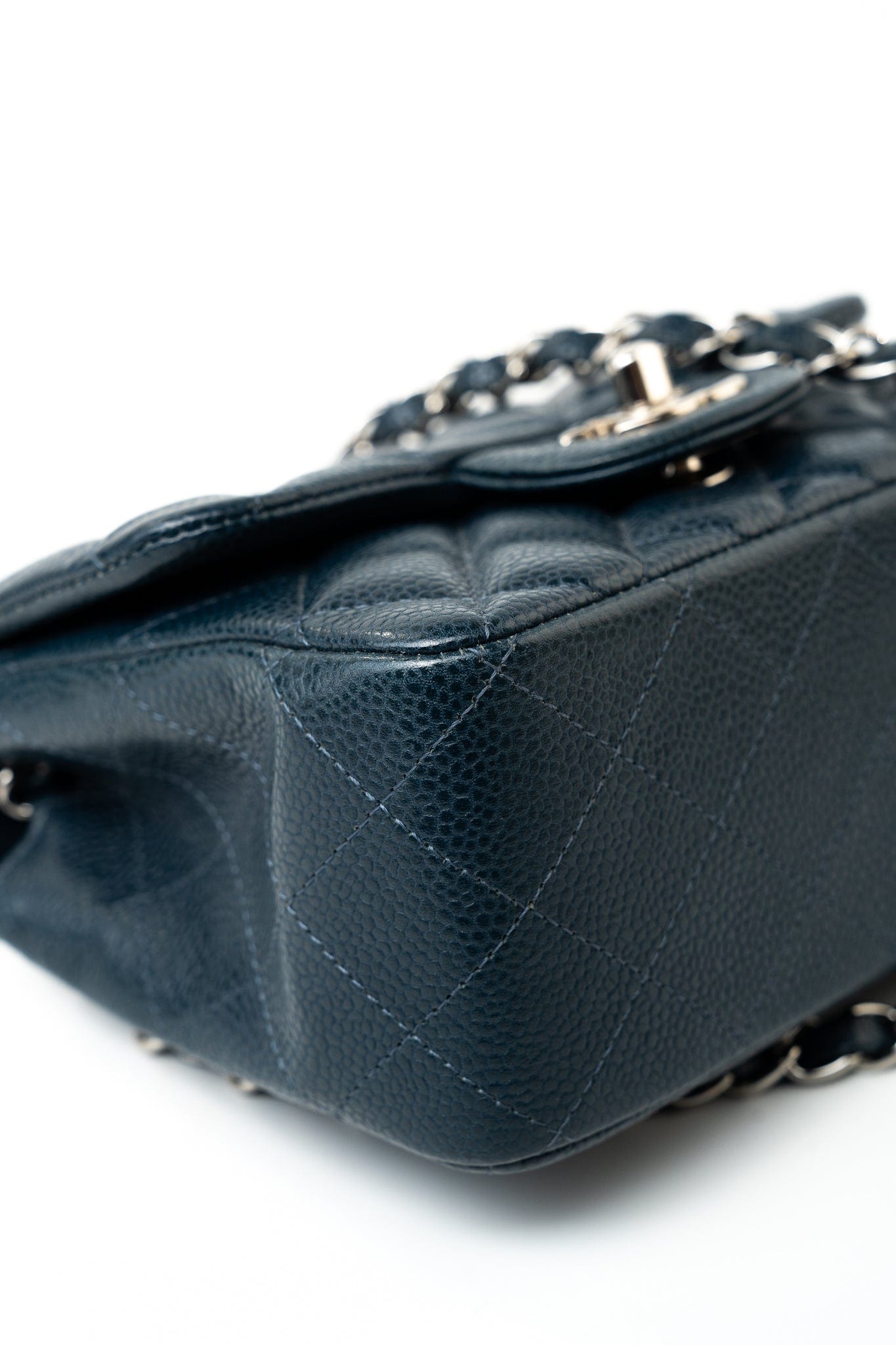 Navy Blue Caviar Quilted Mini Square Single Flap Silver Hardware