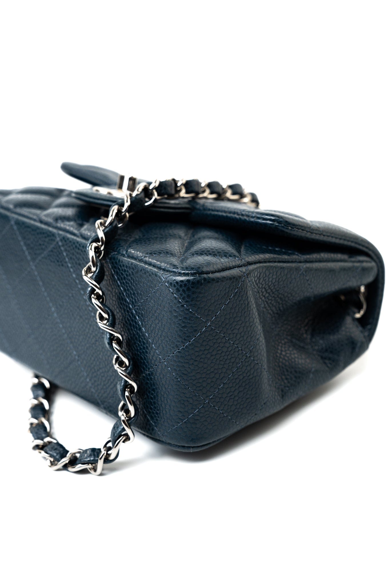 Navy Blue Caviar Quilted Mini Square Single Flap Silver Hardware