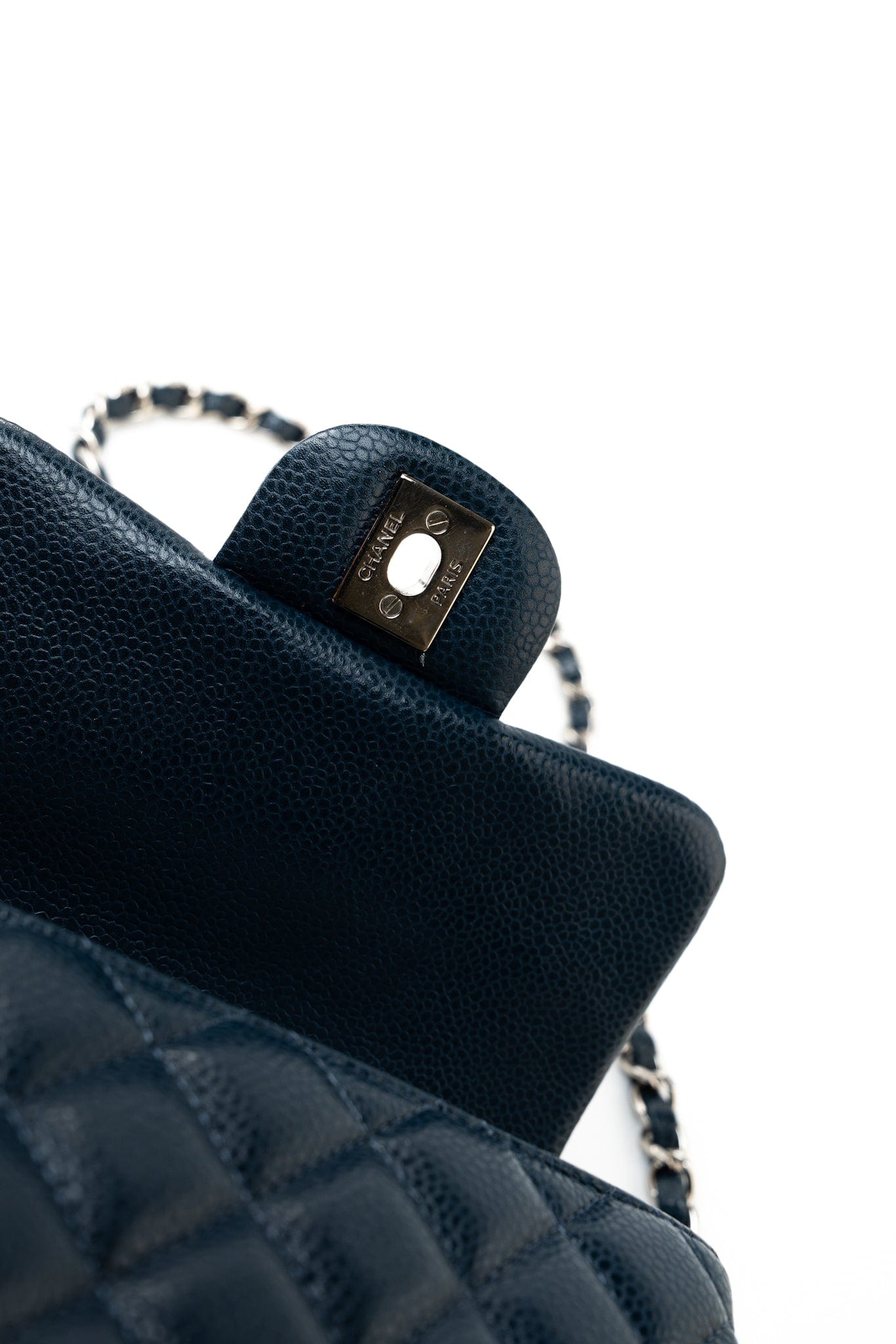 Navy Blue Caviar Quilted Mini Square Single Flap Silver Hardware