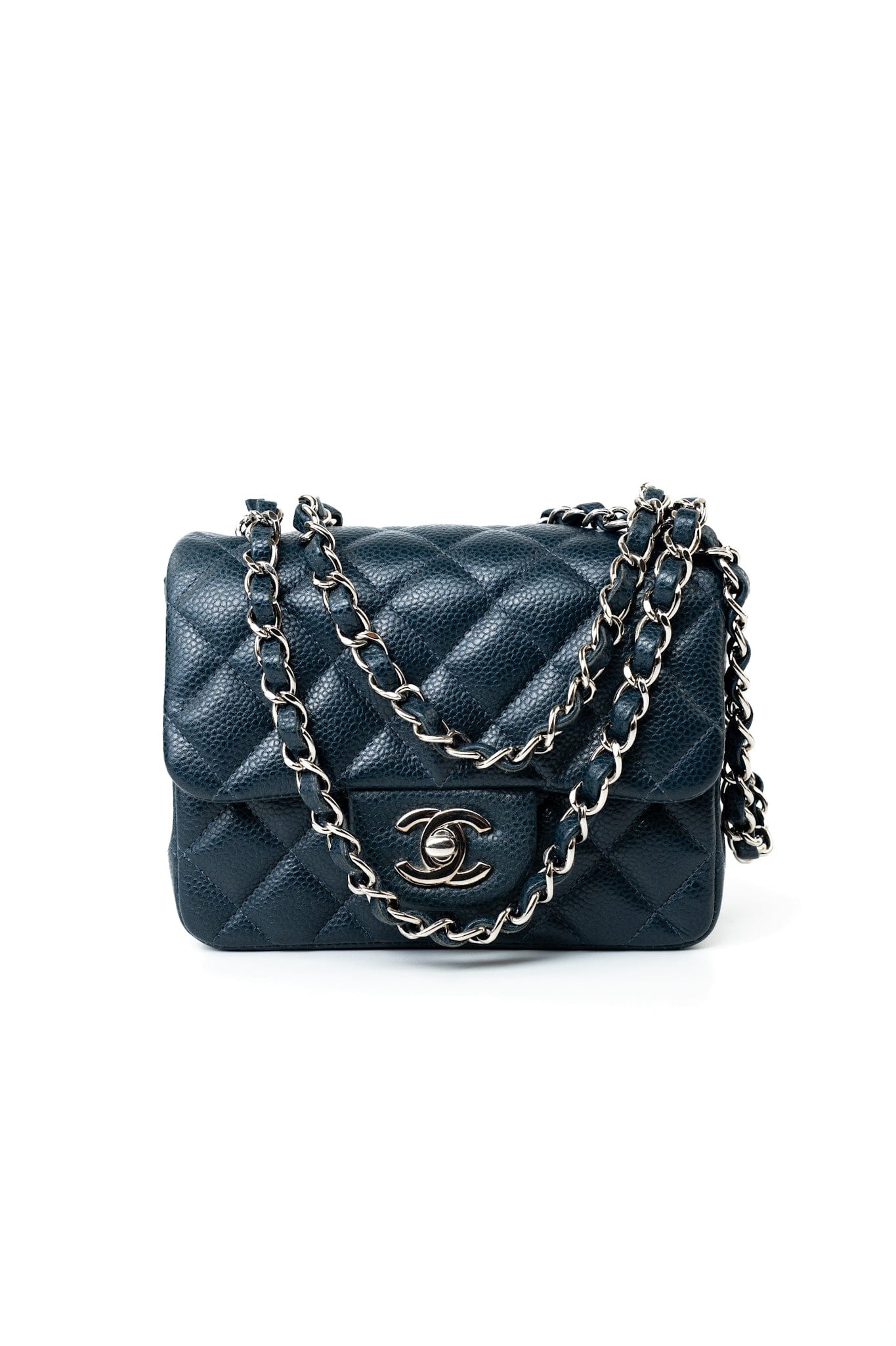 Navy Blue Caviar Quilted Mini Square Single Flap Silver Hardware