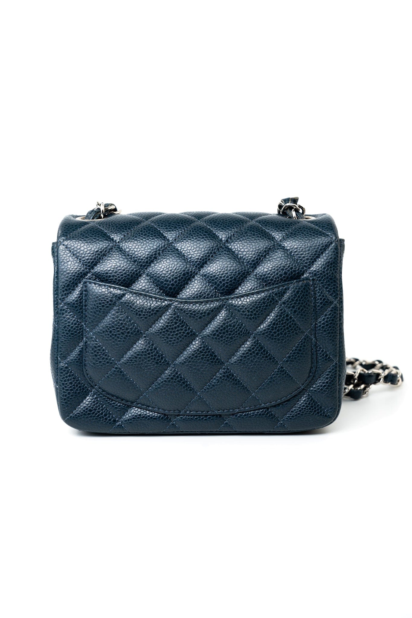 Navy Blue Caviar Quilted Mini Square Single Flap Silver Hardware
