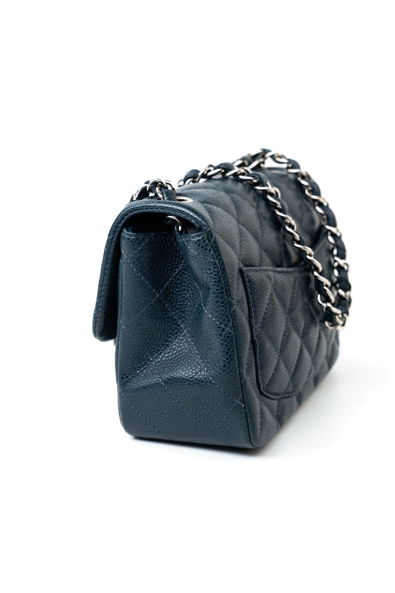 Navy Blue Caviar Quilted Mini Square Single Flap Silver Hardware