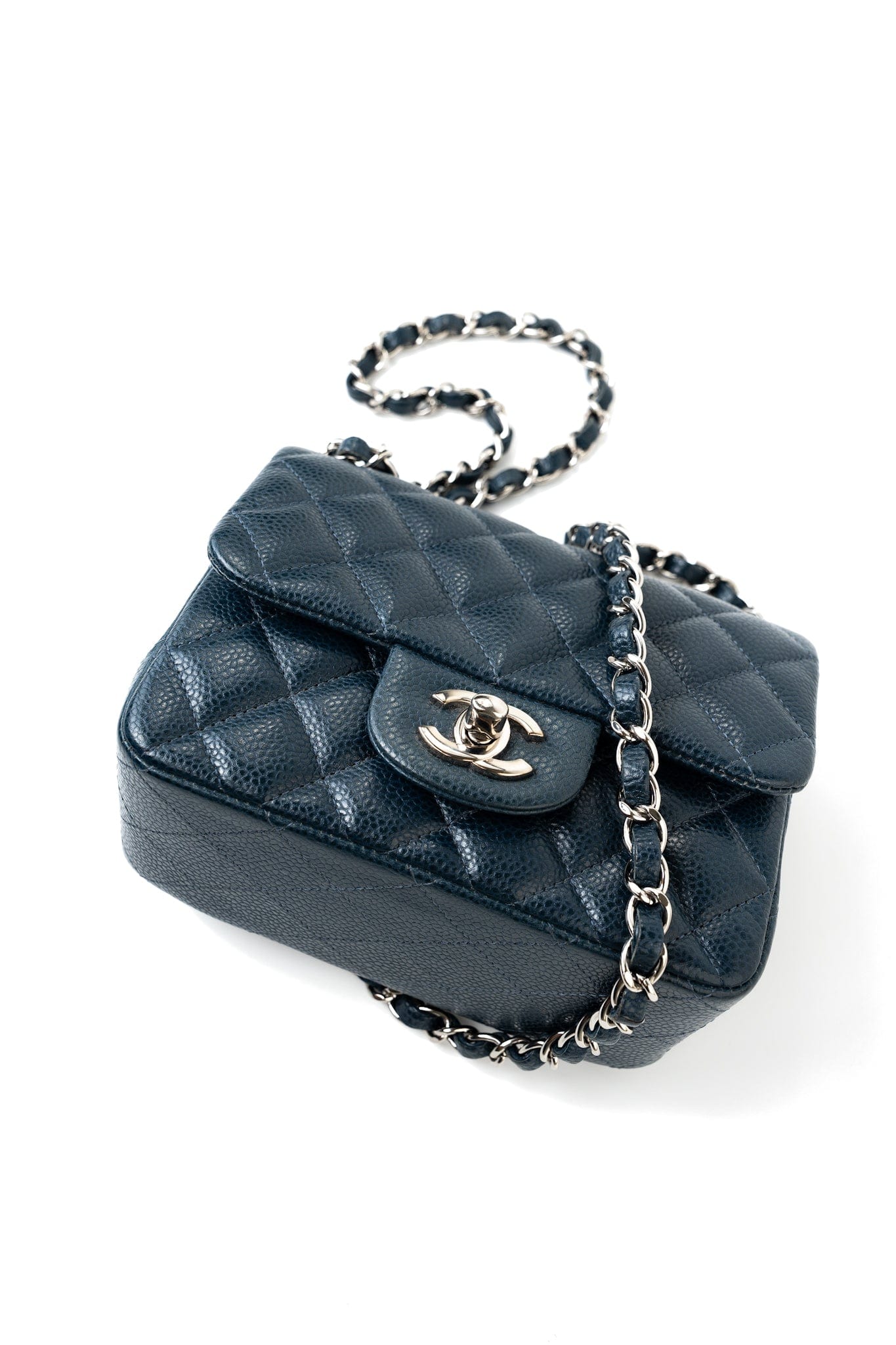 Navy Blue Caviar Quilted Mini Square Single Flap Silver Hardware