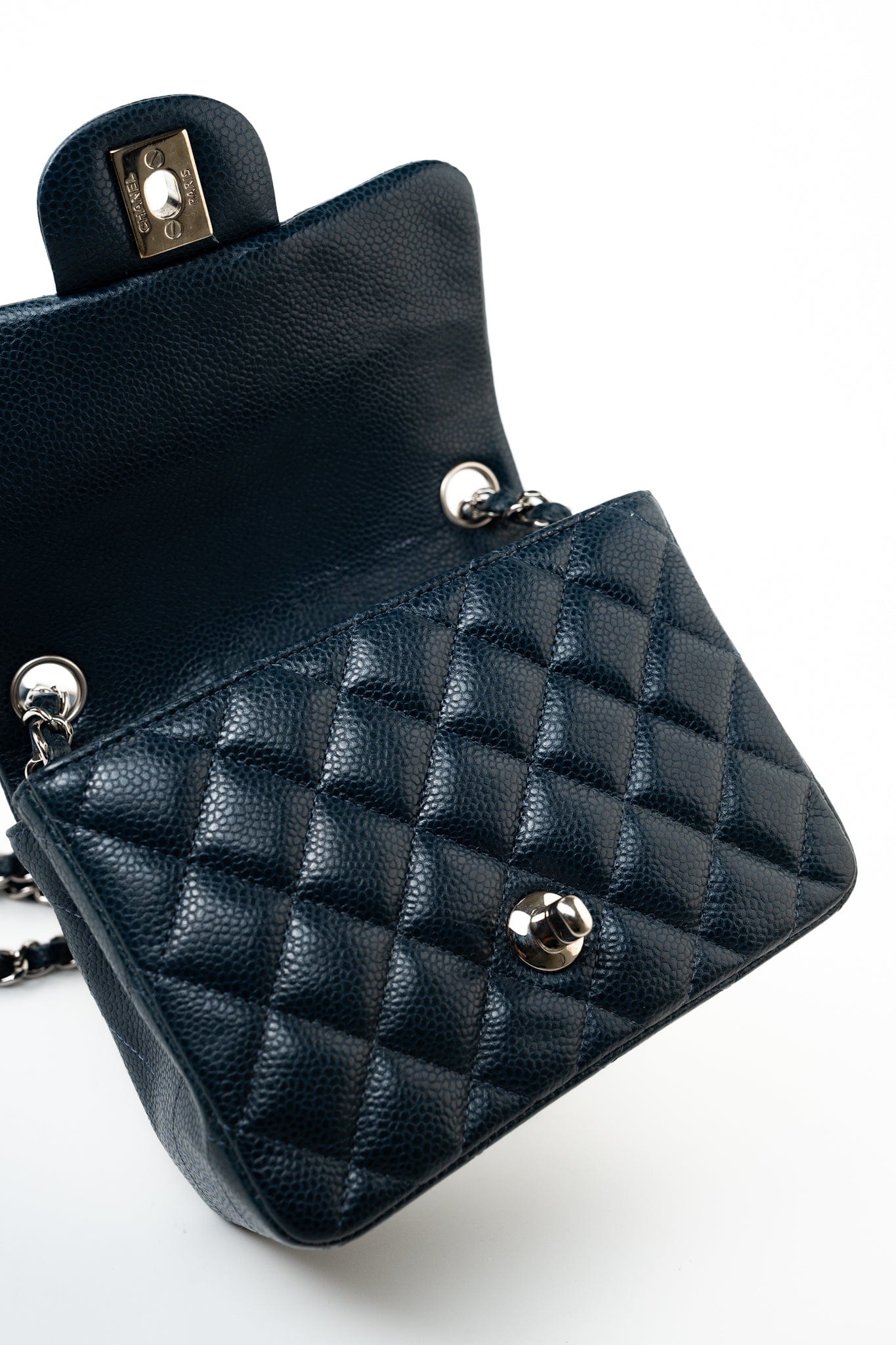 Navy Blue Caviar Quilted Mini Square Single Flap Silver Hardware