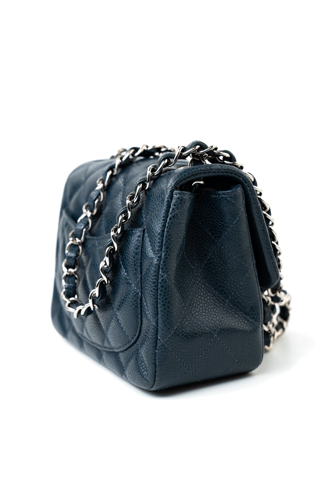Navy Blue Caviar Quilted Mini Square Single Flap Silver Hardware