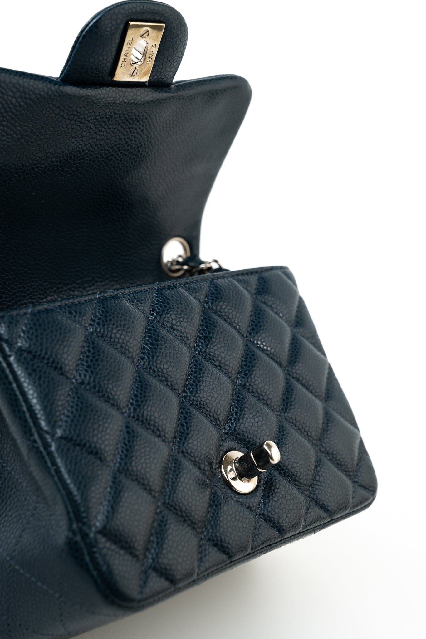 Navy Blue Caviar Quilted Mini Square Single Flap Silver Hardware