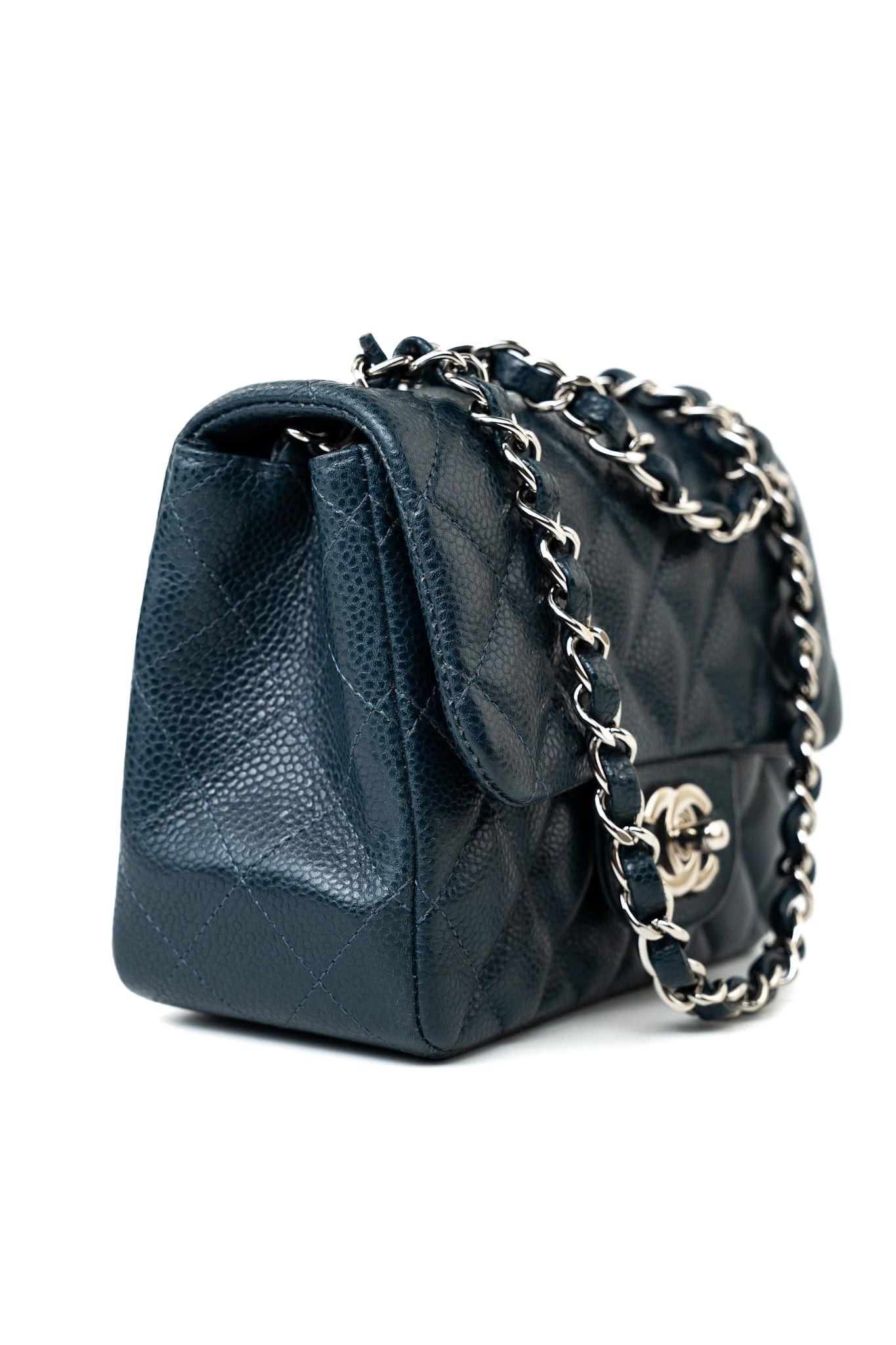 Navy Blue Caviar Quilted Mini Square Single Flap Silver Hardware