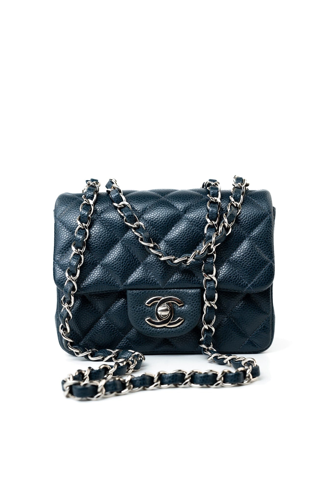 Navy Blue Caviar Quilted Mini Square Single Flap Silver Hardware