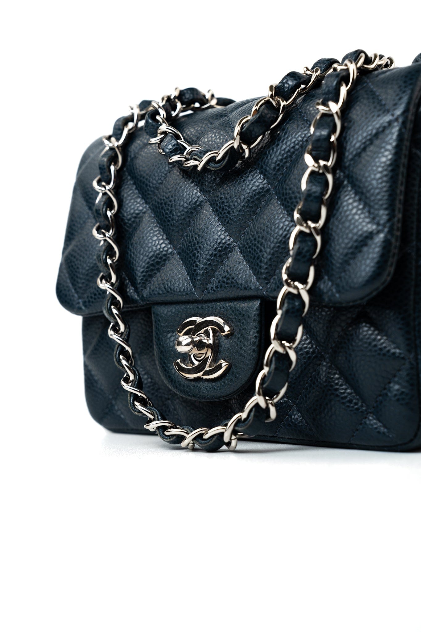Navy Blue Caviar Quilted Mini Square Single Flap Silver Hardware