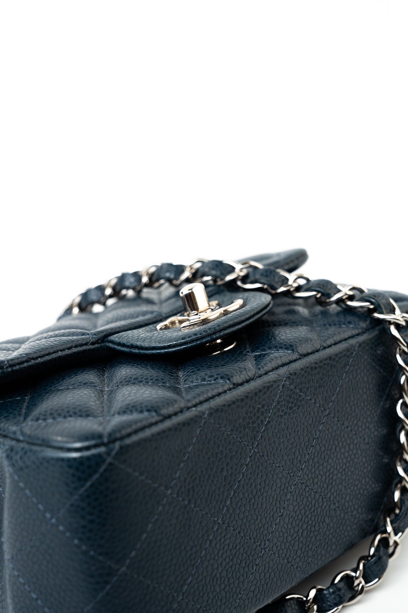 Navy Blue Caviar Quilted Mini Square Single Flap Silver Hardware