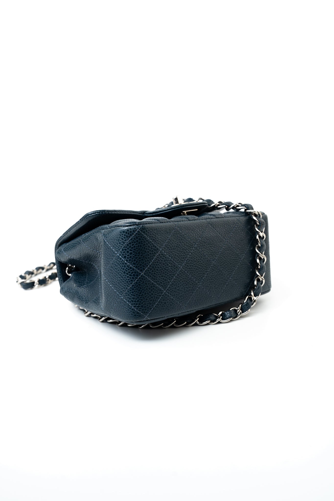 Navy Blue Caviar Quilted Mini Square Single Flap Silver Hardware
