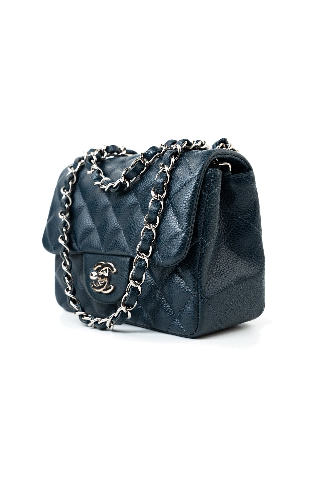 Navy Blue Caviar Quilted Mini Square Single Flap Silver Hardware