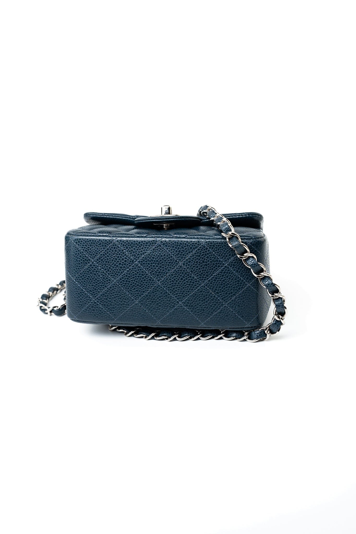 Navy Blue Caviar Quilted Mini Square Single Flap Silver Hardware