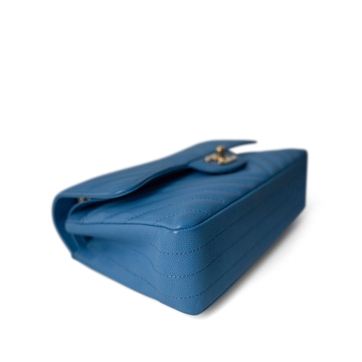 Sky Blue Caviar Chevron Classic Flap Small Light Gold Hardware