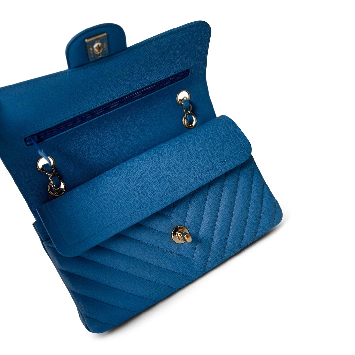 Sky Blue Caviar Chevron Classic Flap Small Light Gold Hardware