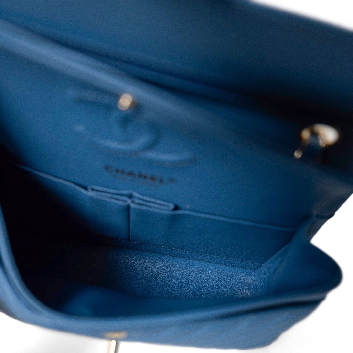 Sky Blue Caviar Chevron Classic Flap Small Light Gold Hardware