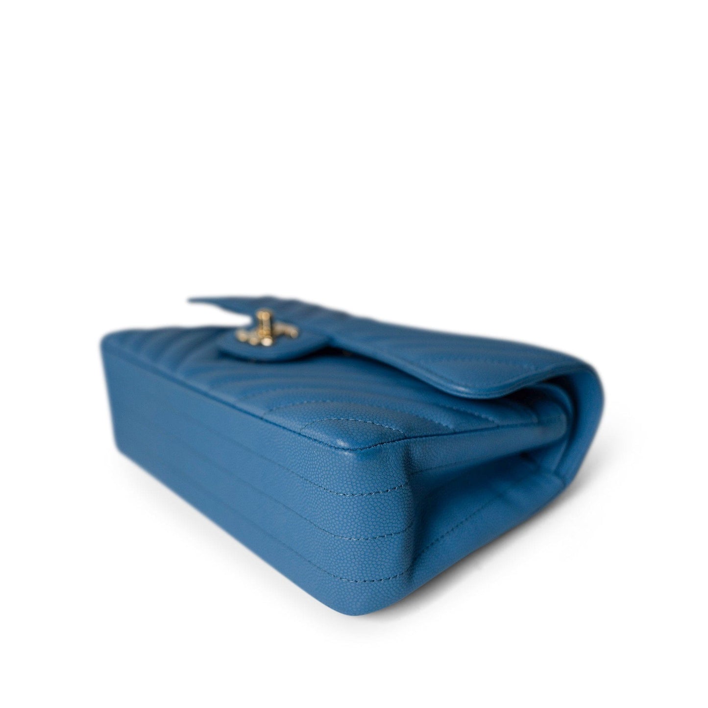 Sky Blue Caviar Chevron Classic Flap Small Light Gold Hardware