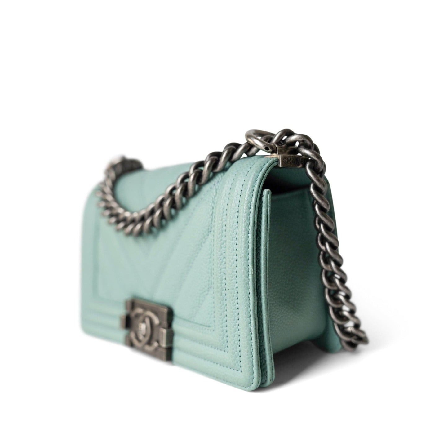 20C Tiffany Blue Caviar Chevron Small Boy Bag Ruthenium Hardware