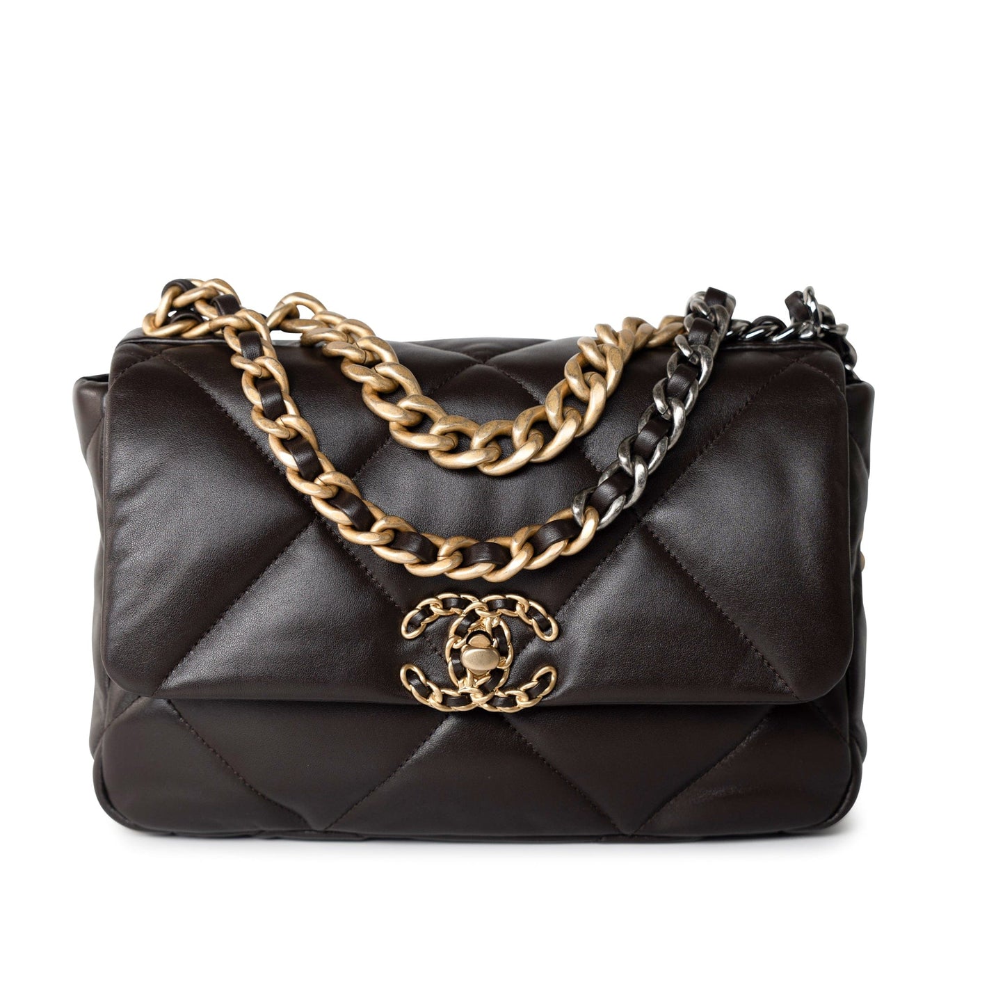 21A Dark Brown Lambskin Quilted 19 Flap Small MHW