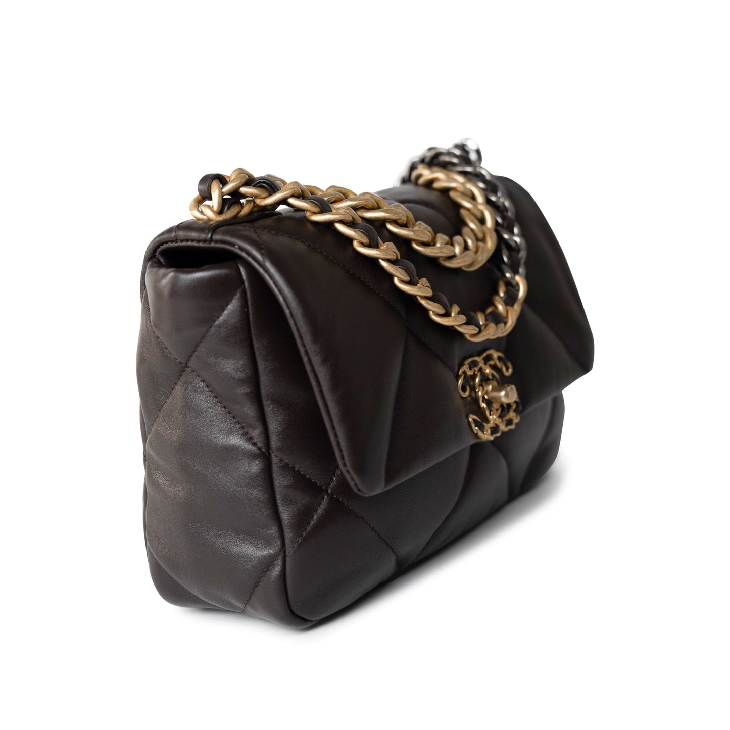 21A Dark Brown Lambskin Quilted 19 Flap Small MHW